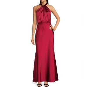 Alex Marie Vivienne Stretch Satin Ruched Twist Halter Sheath Gown Scarlett